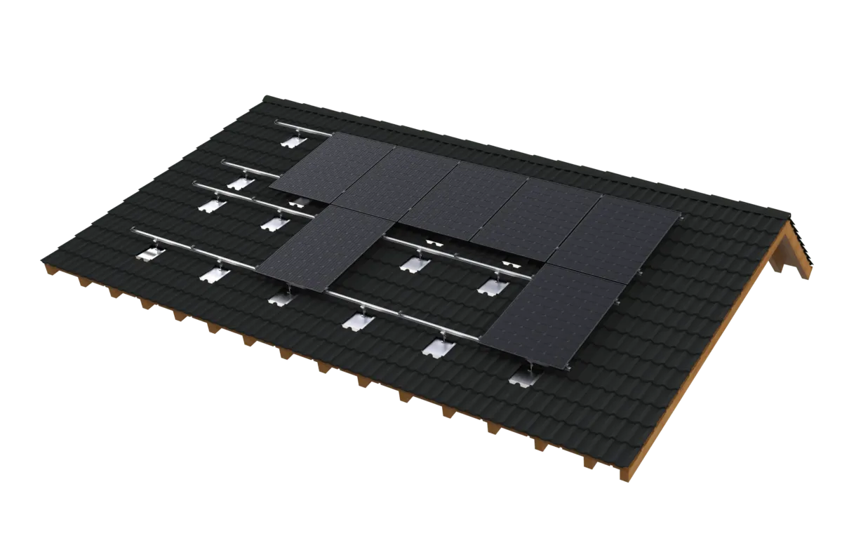 004_PTS-IR-01-min Montage einer Photovoltaikanlage auf einem Betonsteindach mit Metall-Ersatzplatten und Schwerlastdachhaken.