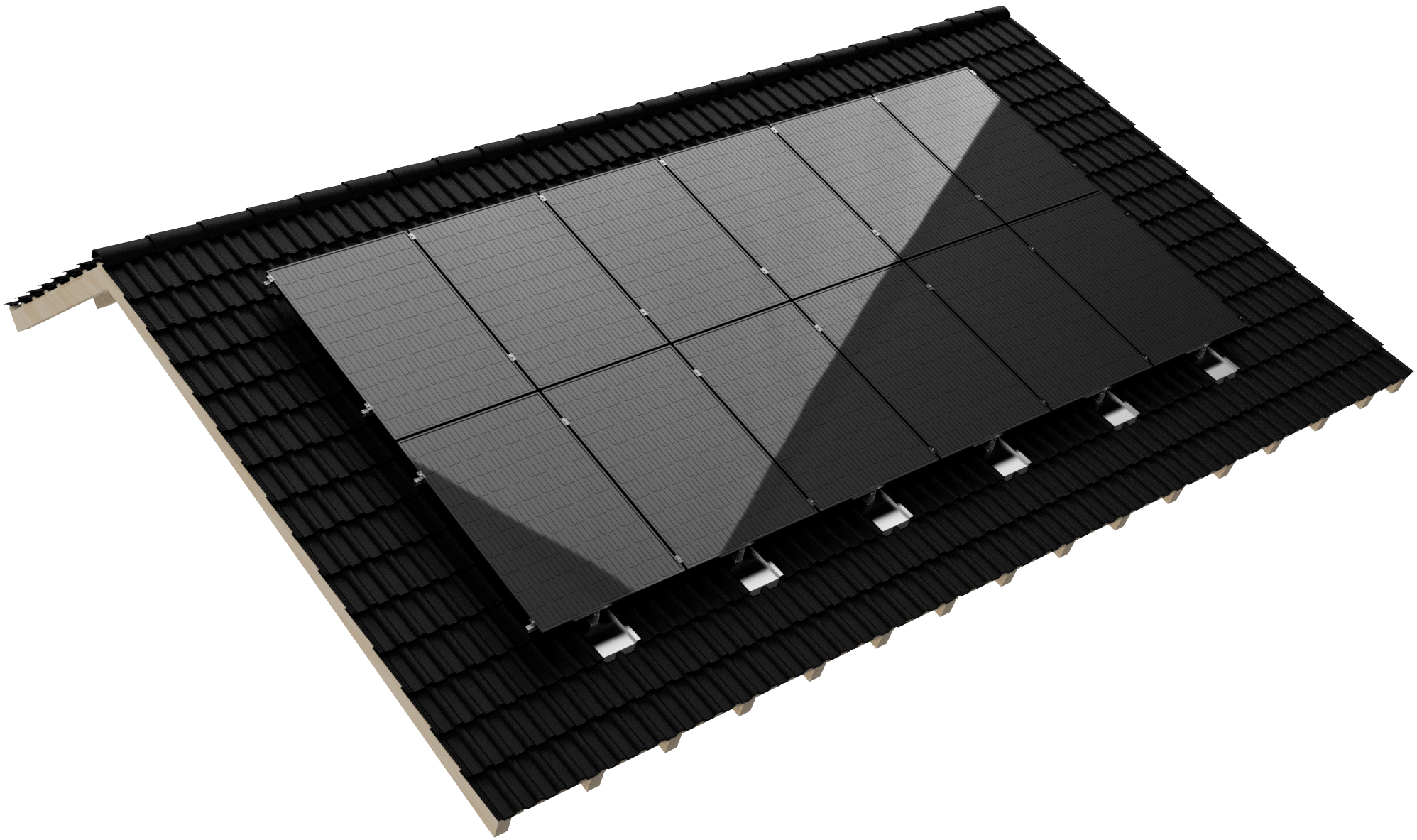 Montage einer Photovoltaikanlage auf einem Dach mit Metall-Ersatzplatten für Frankfurter Pfanne.